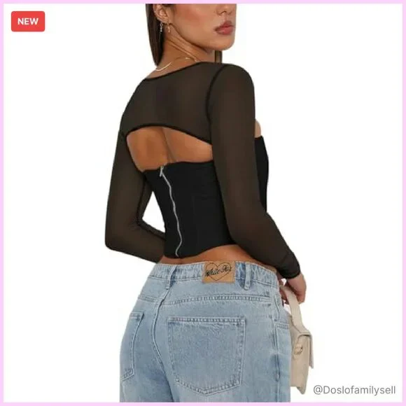 Mesh Long Sleeve Boned Corset Top Y2K Square Neck Bustier Crop Tops - Picture 3 of 8